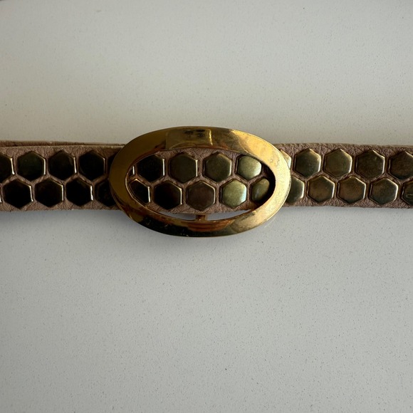 LeatherRock Brass Hexagon Oval Buckle Inset Leather Belt 40" Length - Picture 6 of 10